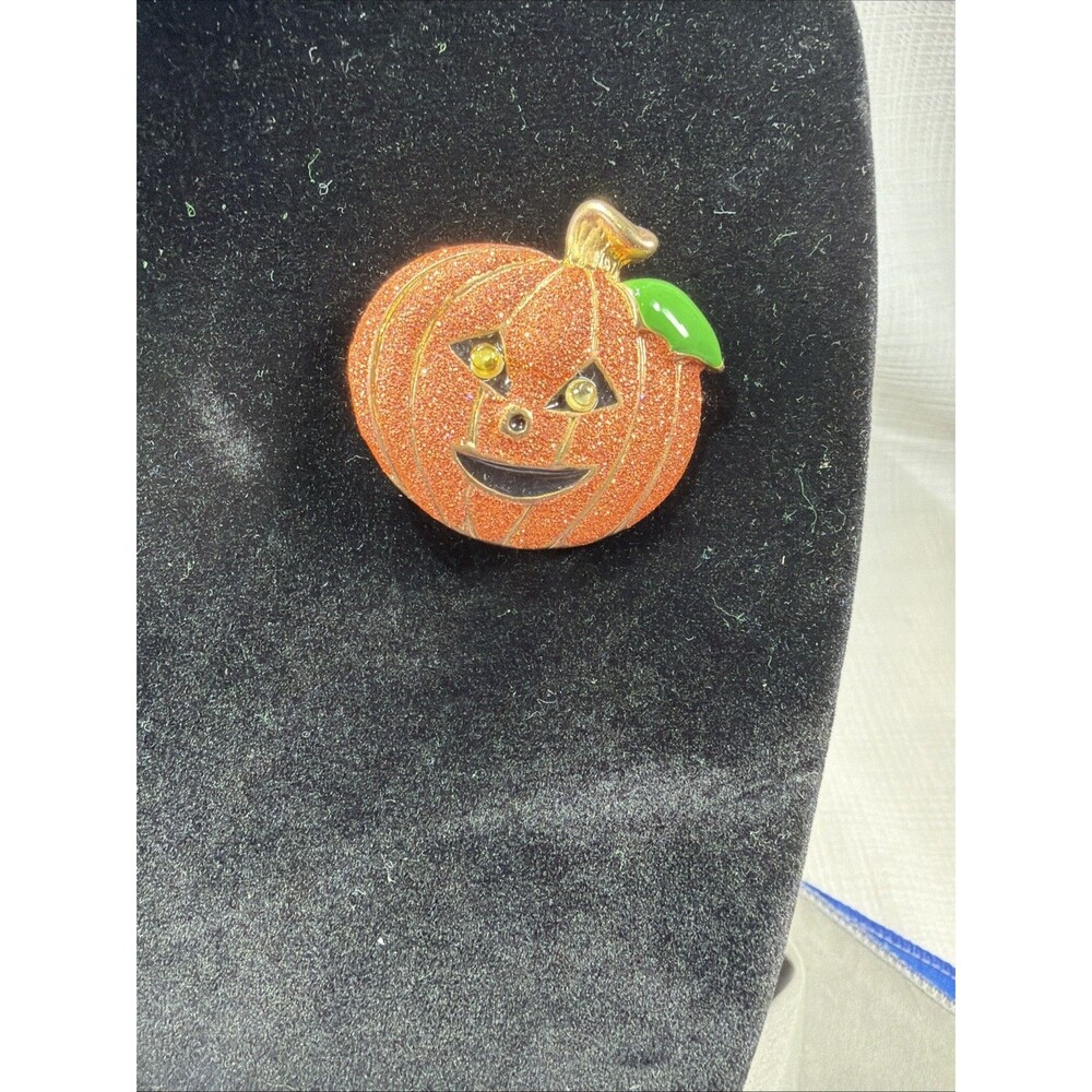 Signed Gerry's Vintage Halloween Pumpkin Brooch Rhinestone Eyes Retro